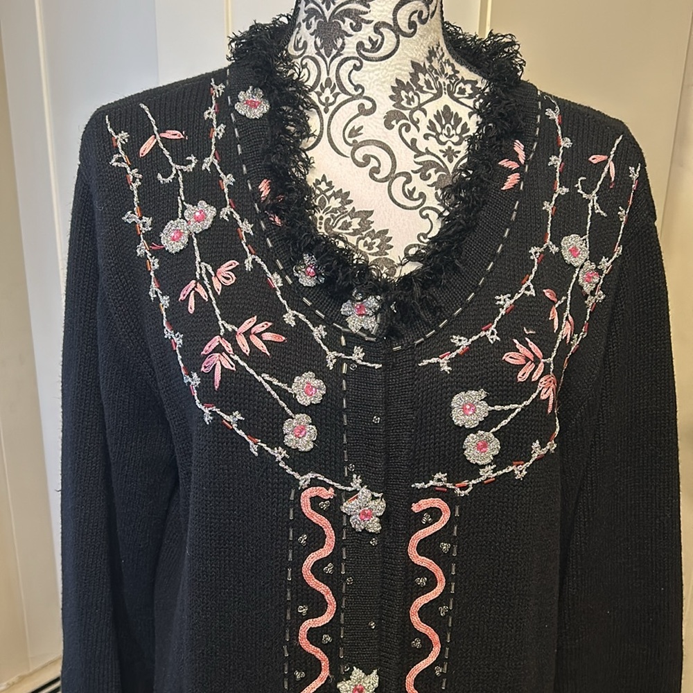 Storybook Knits Black Long Embroidered Cardigan with Pink & White Floral Accents - Picture 2 of 6